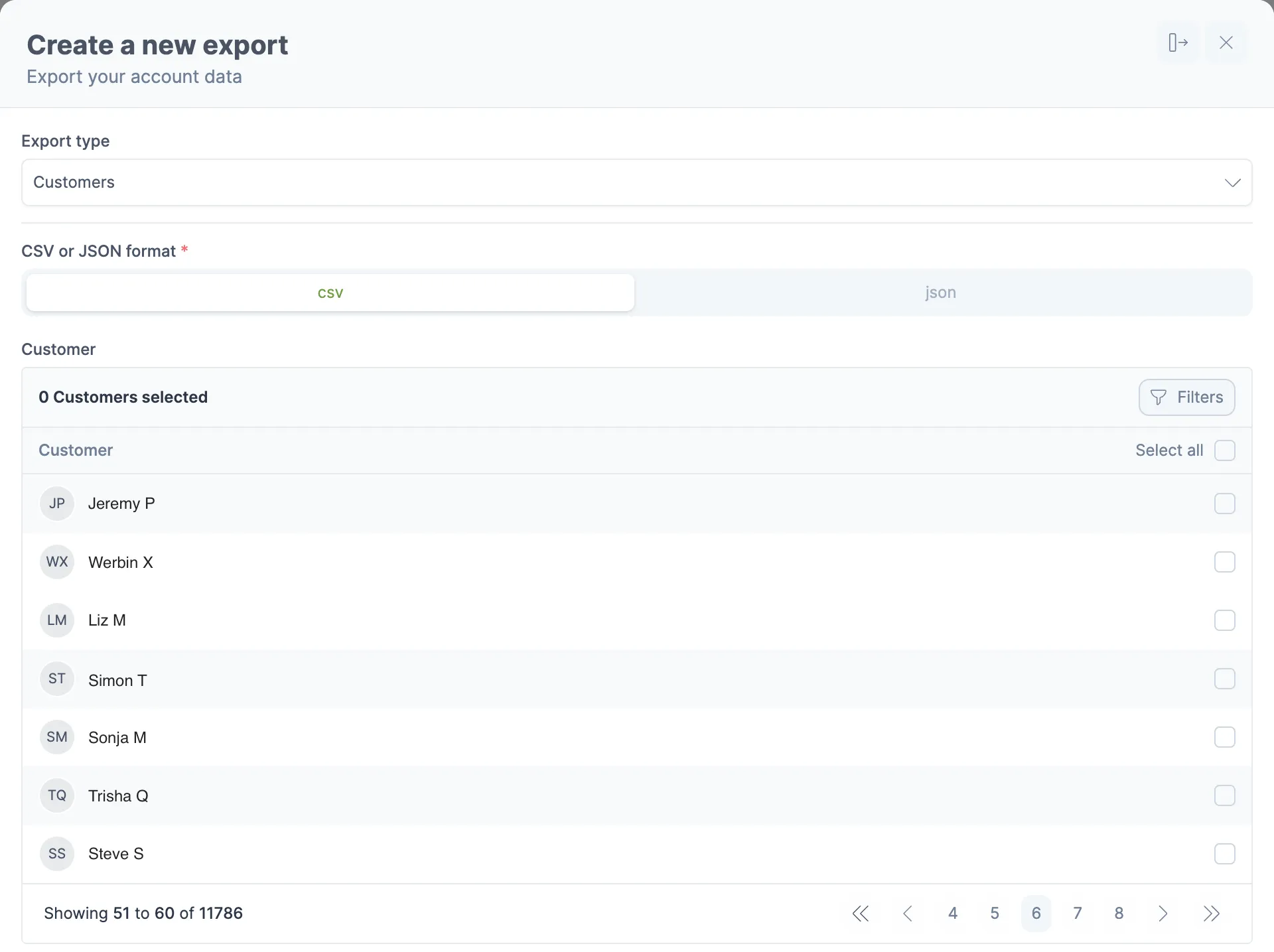 Exporting account data in the Ovatu web app