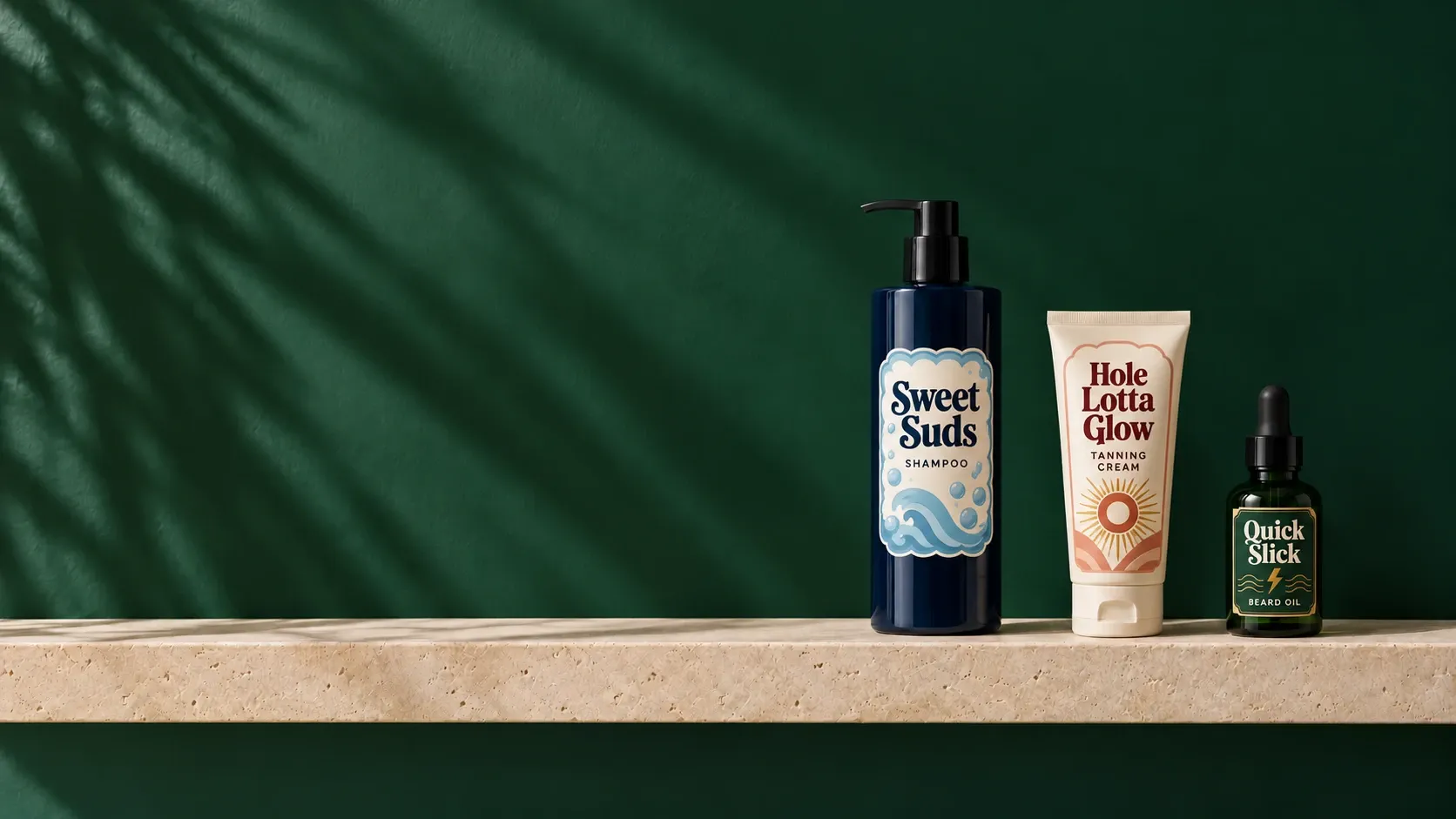 Sweet Suds, Hole Lotta Glow and Quick Slick on a salon retail shelf