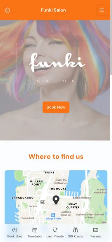 Funki Salon booking mini-website on mobile
