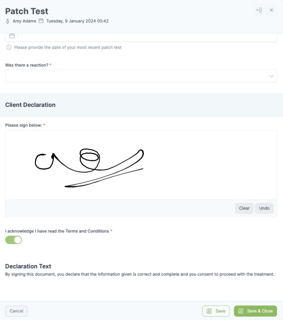 Collecting customer signatures and declaration in a form