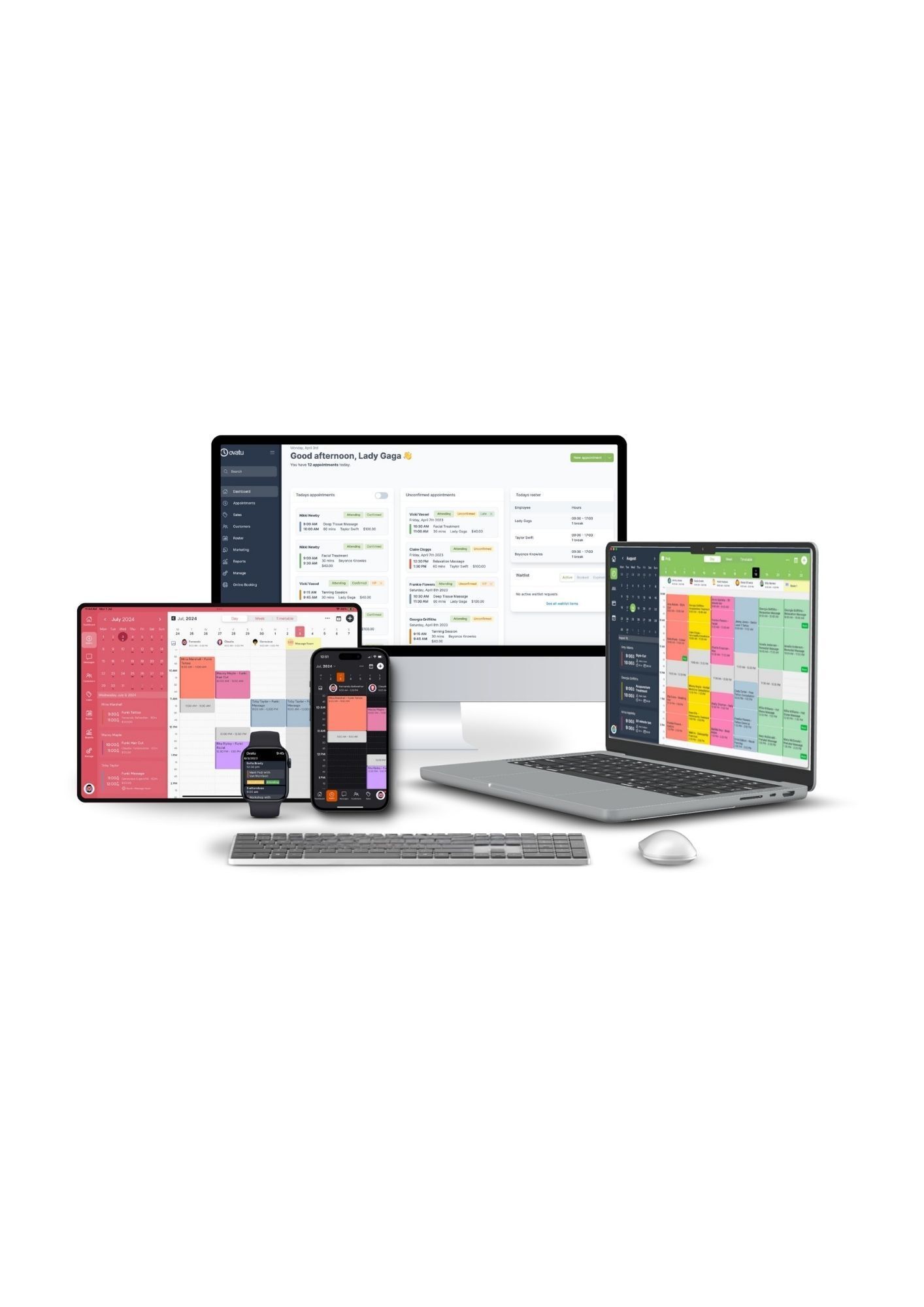 Ovatu booking software across desktop, tablet, phone and watch